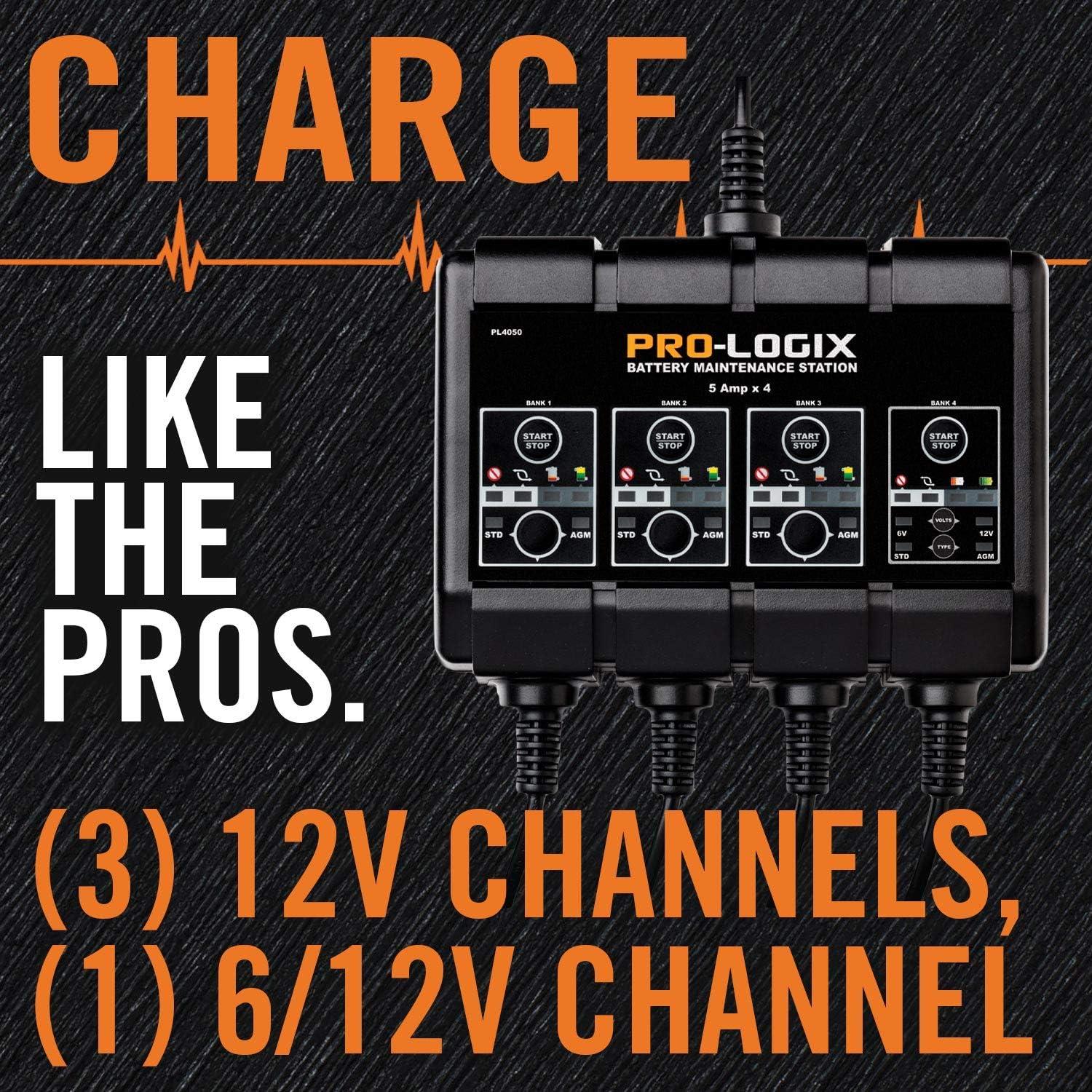imageClore Automotive PL4020 ProLogix 4Bank 8Amp 2Amp Per Bank Fully Automatic Smart Charger 12V Battery Charger Battery Maintainer Desulfator with Temperature Compensation BlackBattery Maintainence Station  20 Amp